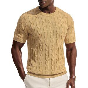 Men's Camel Crewneck Tee Shirt Cable Knit Tee Imported Short Sleeve T-shirts